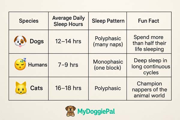 Image of a comparison table comparing the Average Daily Sleep Hours of dogs humans and cats