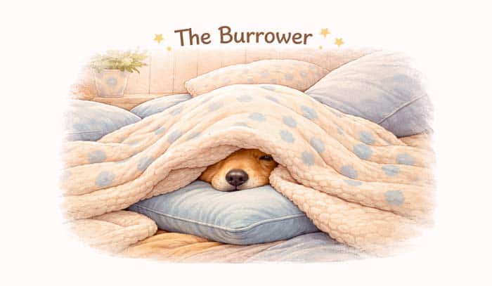 Dog burrowed under blankets seeking warmth, comfort, and a den-like sense of security