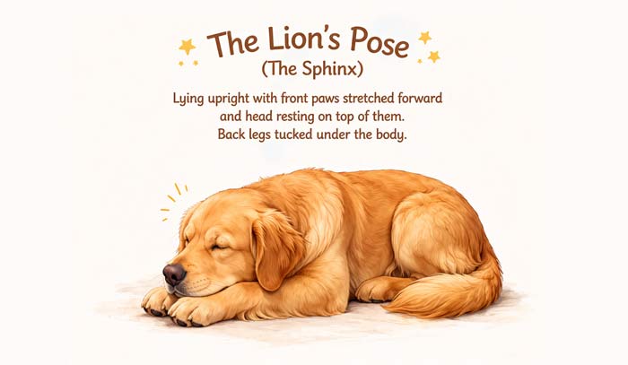 Dog in lion’s pose resting but alert ready to spring into action