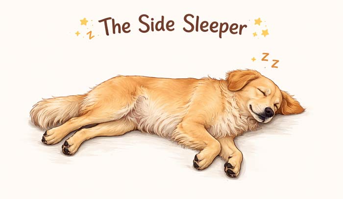 Dog side sleeping with legs relaxed - a sign of trust, comfort, and deep REM sleep