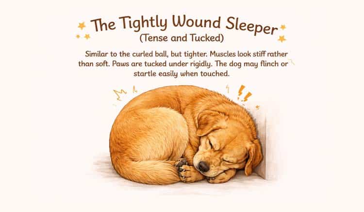 Dog sleeping tense and tucked not fully relaxed, may signal stress, anxiety, or pain