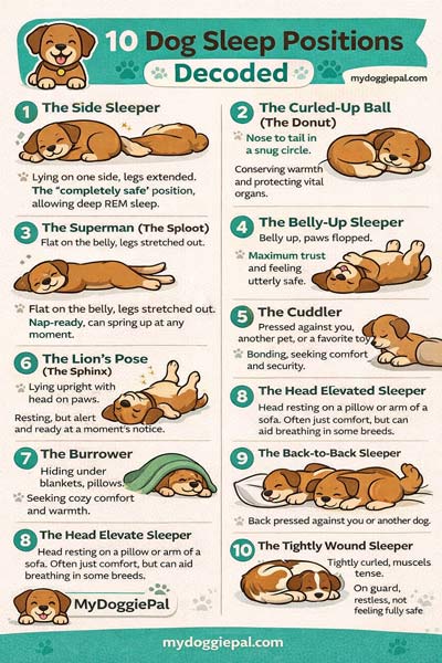 Infographic showing 10 common dog sleep positions decoded — designed for social sharing and Pinterest