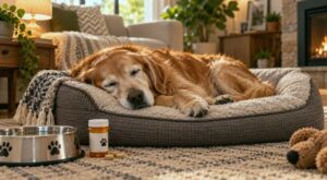 dog medication affecting sleep senior dog sleeping on bed beside pill bottle